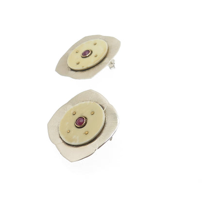 925 Sterling Silver & 14K Yellow Gold Vintage Real Ruby Modernist Earrings