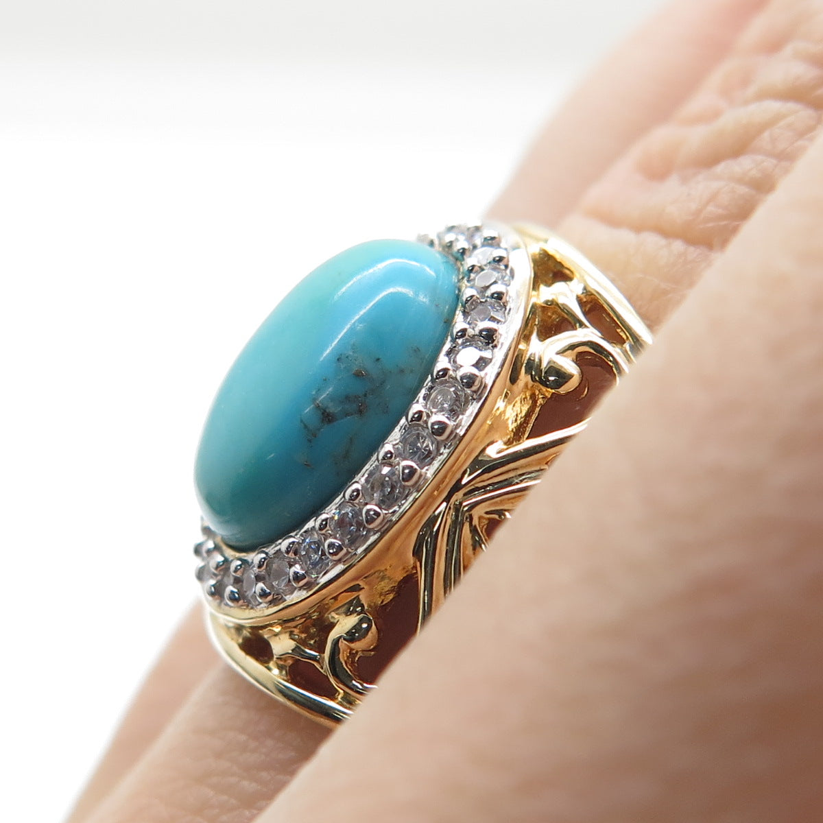 ROSS SIMONS 925 Sterling Silver Gold Plated Faux Turquoise & C Z Ring Size 6.25