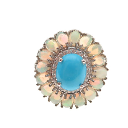 D'Joy 925 Sterling Silver Real Turquoise Opal & White Topaz Ring Size 8