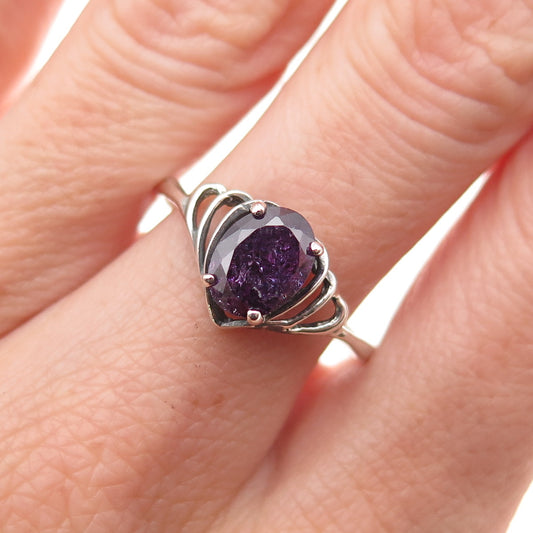 925 Sterling Silver Vintage Real Oval-Cut Amethyst Heart Oxidized Ring Size 9.25