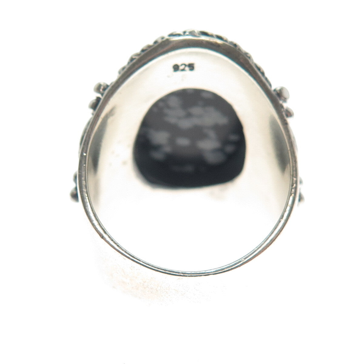 925 Sterling Silver Vintage Snowflake Obsidian Braided Oxidized Ring Size 9.5