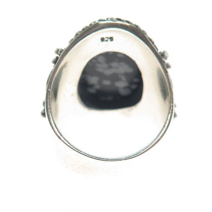 925 Sterling Silver Vintage Snowflake Obsidian Braided Oxidized Ring Size 9.5