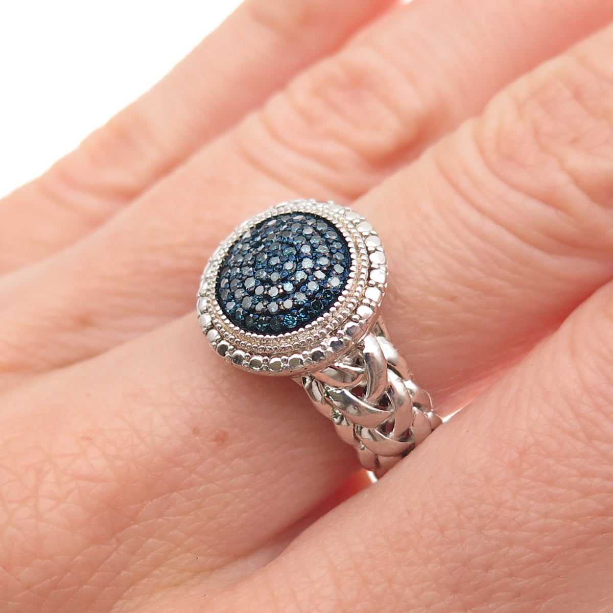J. Stella 925 Sterling Silver Real Round-Cut Blue Diamond Woven Ring Size 7.25
