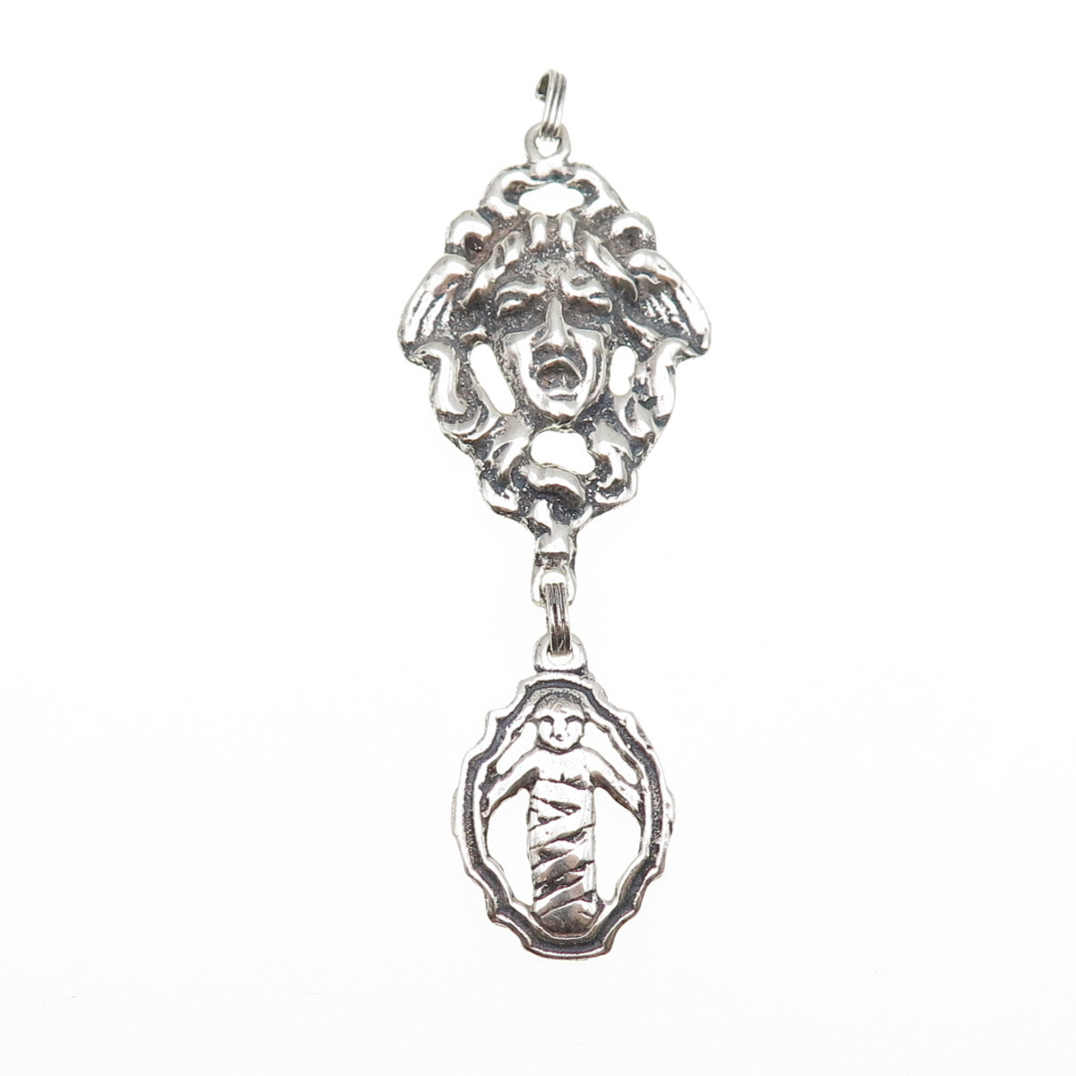 925 Sterling Silver Antique Art Deco Jesus & Cherub Oxidized Pendant