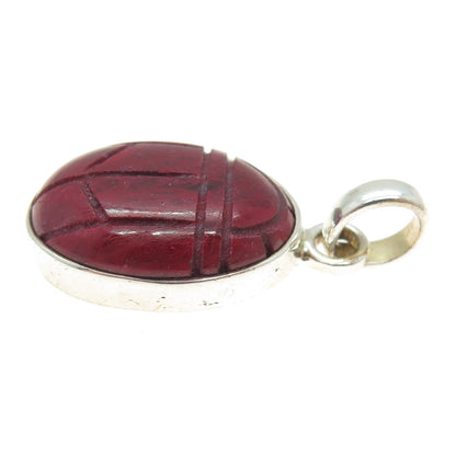 925 Sterling Silver Vintage Real Red Jasper Gemstone Scarab Pendant