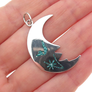 925 Sterling Silver Vintage Real Turquoise Inlay Crescent Charm Pendant