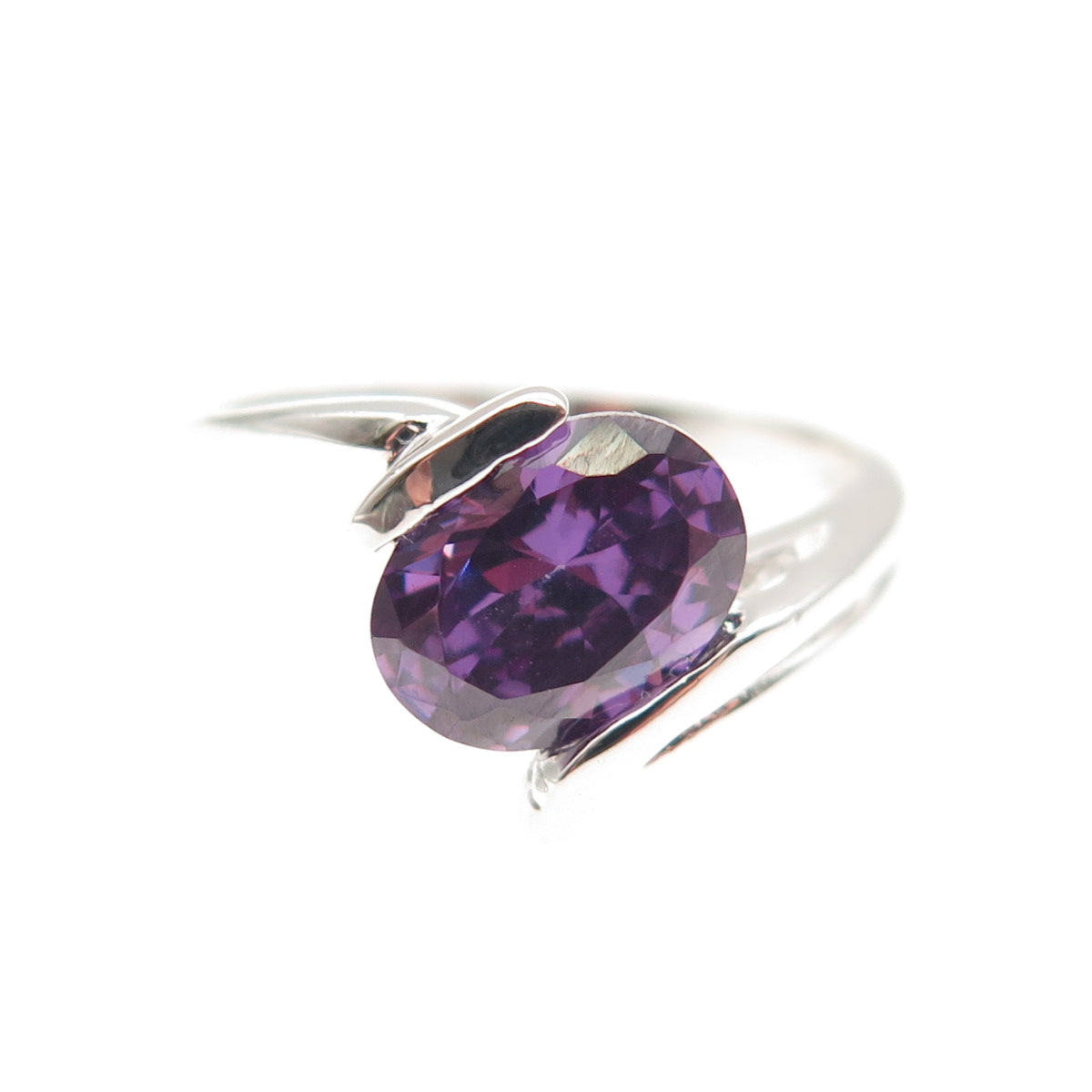 925 Sterling Silver Real Oval-Cut Amethyst Bypass Ring Size 5