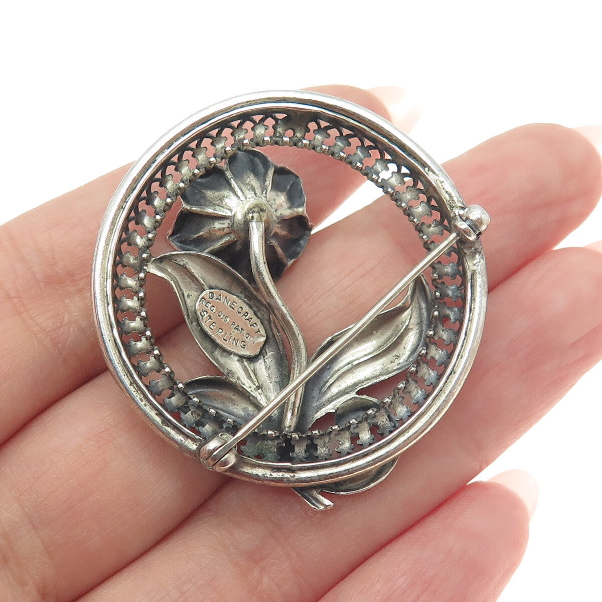 DANECRAFT 925 Sterling Silver Antique Art Deco US Flower Pin Brooch