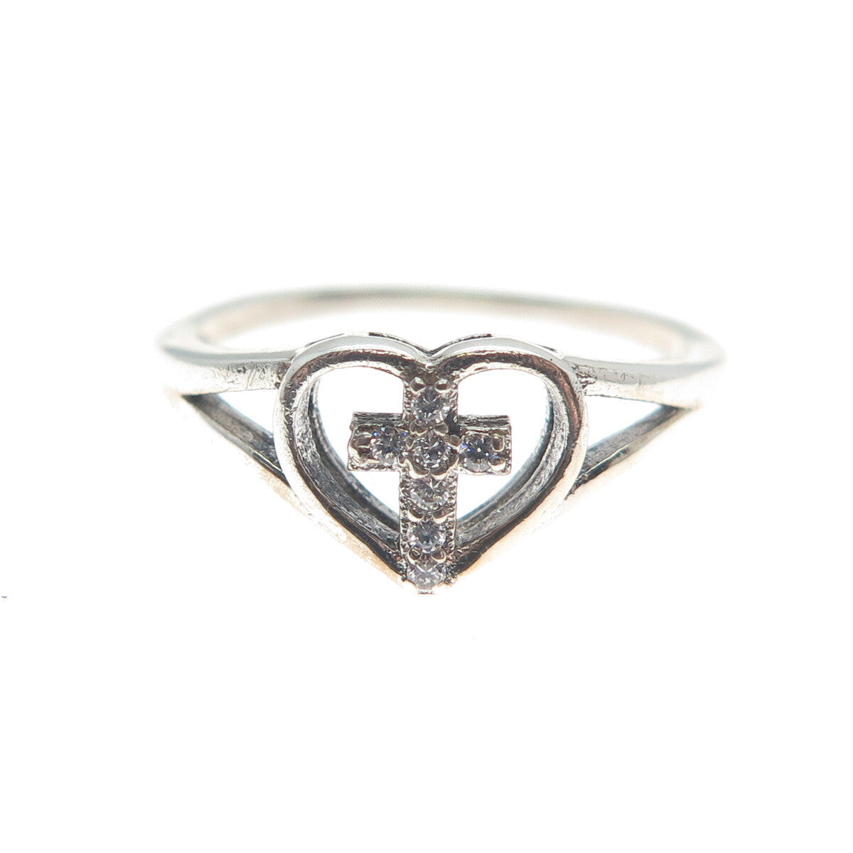 925 Sterling Silver Round-Cut C Z Heart Cross Ring Size 4.25