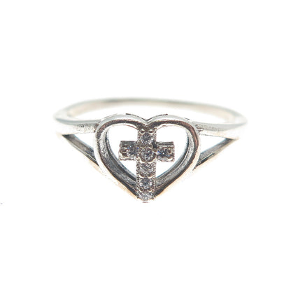 925 Sterling Silver Round-Cut C Z Heart Cross Ring Size 4.25