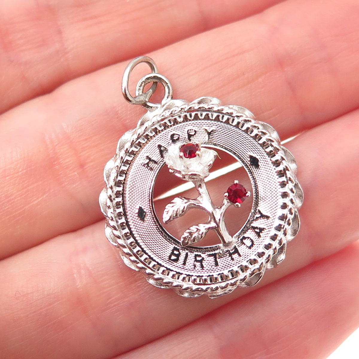Mark Mercy 925 Sterling Silver Vintage Rhinestone Happy Birthday Charm Pendant