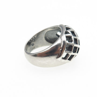 925 Sterling Silver Vintage Modernist Cage Dome Oxidized Ring Size 6.75