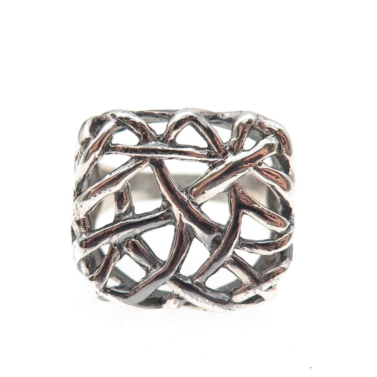 925 Sterling Silver Vintage Modernist Web Oxidized Ring Size 9.25
