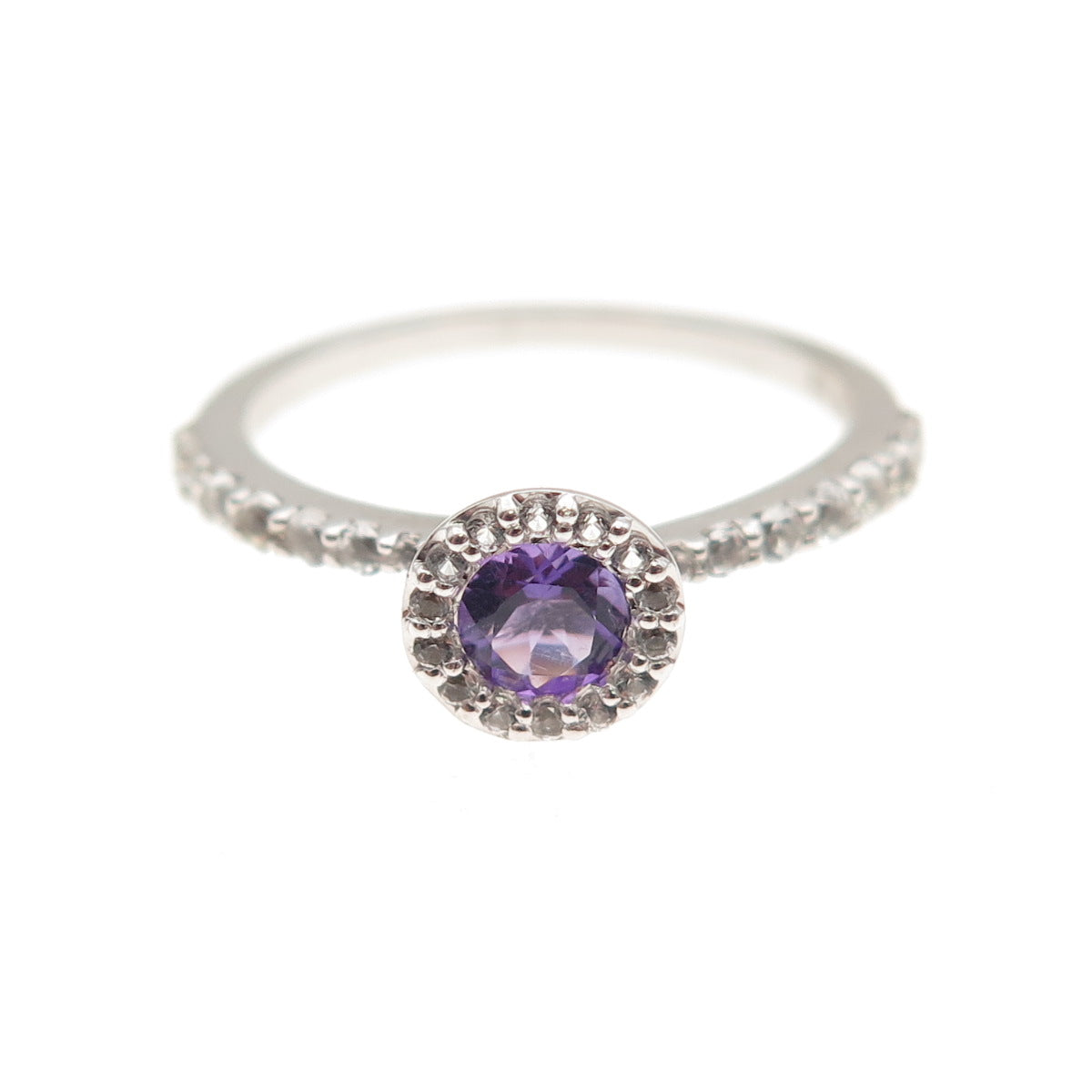 925 Sterling Silver Real Round-Cut Amethyst & White Topaz Ring Size 6.25
