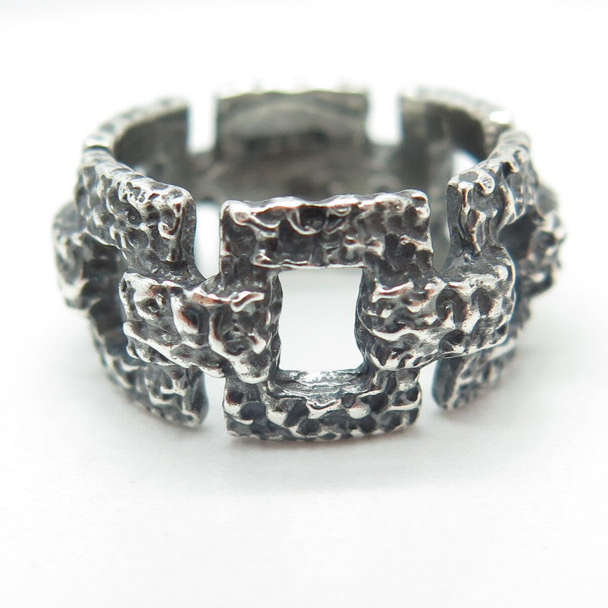 925 Sterling Silver Vintage Nugget Panel Link Oxidized Ring Size 6