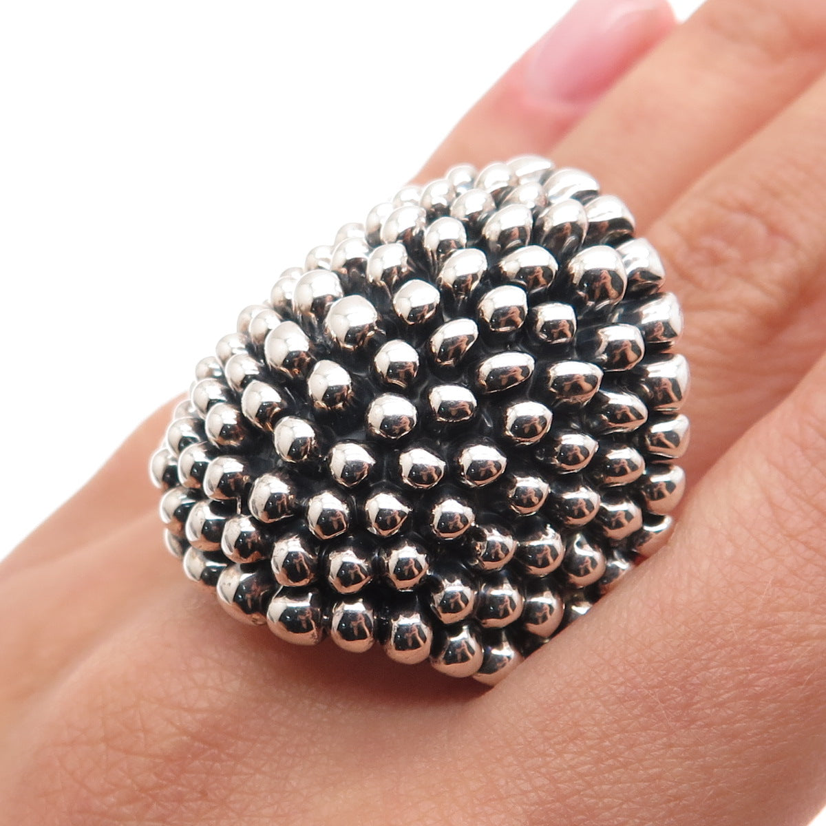 999 Fine Silver Vintage Mexico Modernist Beaded Oxidized Ring Size 8.5