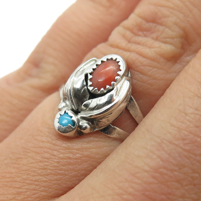 Old Pawn Sterling Southwestern Turquoise Coral Snake Eye Feather Ring Size 5.75