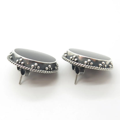 925 Sterling Silver Vintage WOODS Real Black Onyx Gemstone Earrings