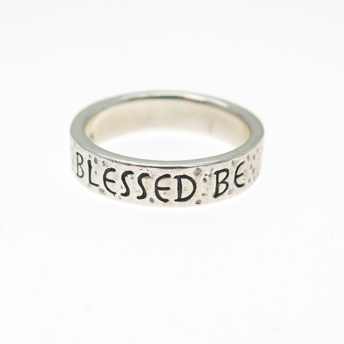 925 Sterling Silver Vintage Blessed Be Hammered Oxidized Band Ring Size 5