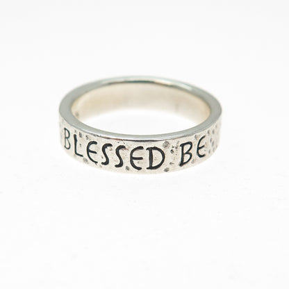 925 Sterling Silver Vintage Blessed Be Hammered Oxidized Band Ring Size 5
