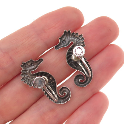 925 Sterling Silver Antique Art Deco Seahorse Oxidized Screw Back Earrings