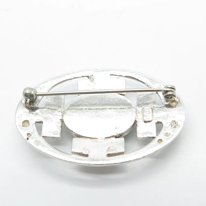 925 Sterling Silver Vintage Real Aventurine Gem Oval Maze Pin Brooch