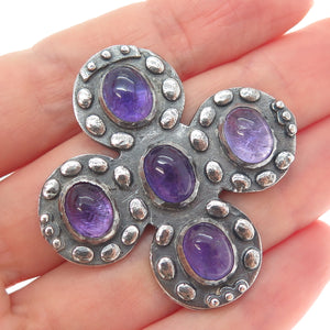 925 Sterling Silver Vintage Real Amethyst Modernist Cross Oxidized Pendant