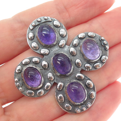 925 Sterling Silver Vintage Real Amethyst Modernist Cross Oxidized Pendant
