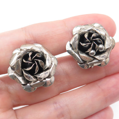 925 Sterling Silver Vintage Modernist Rose Flower Oxidized Screw Back Earrings
