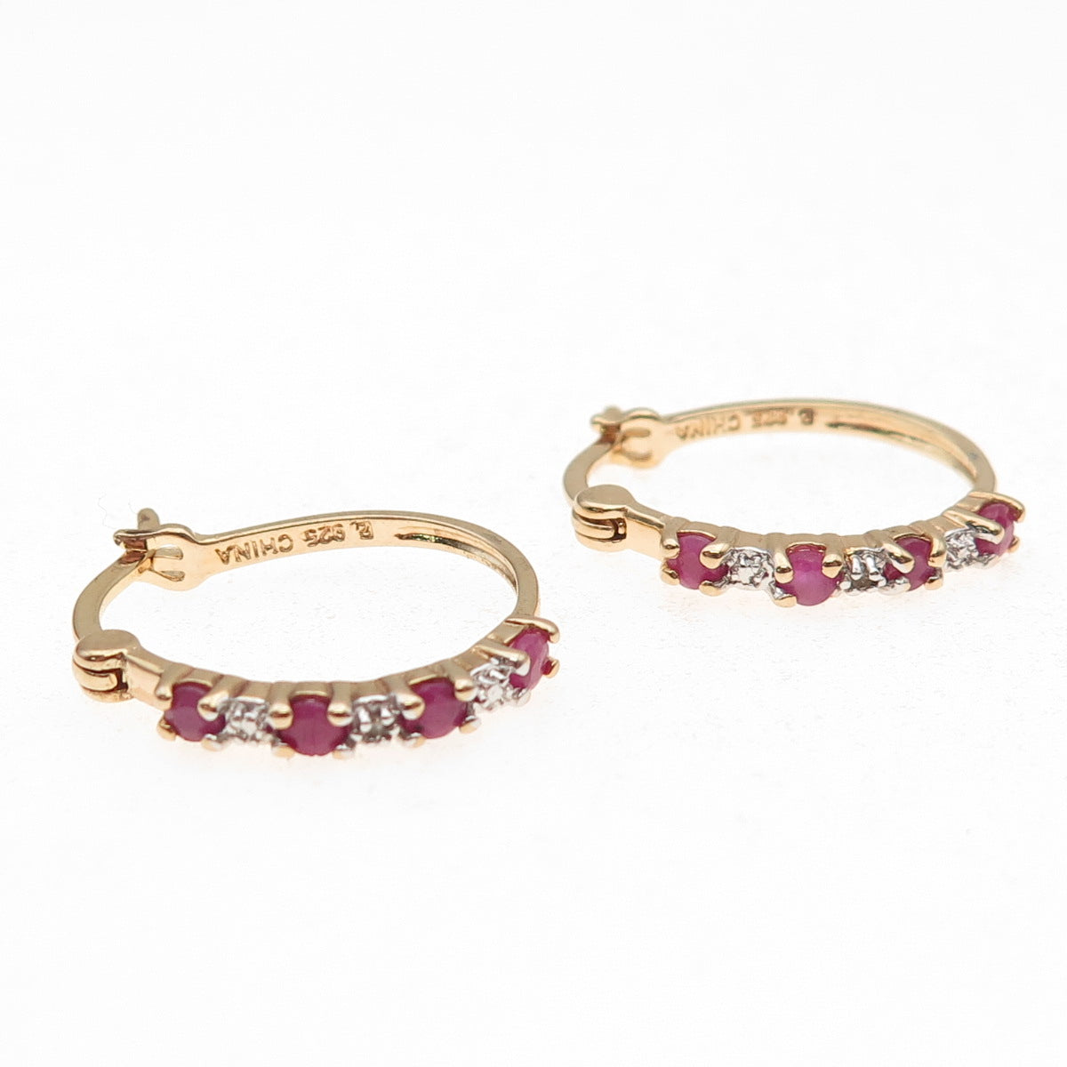Ross Simons 925 Sterling Silver Gold Plated Real Diamond & Ruby Hoop Earrings