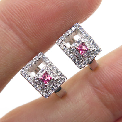 925 Sterling Silver Pink Princess-Cut & White Round-Cut Shaped C Z Hoop Earrings