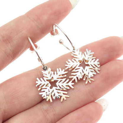 925 Sterling Silver 2-Tone Snowflake Charm Hoop Earrings