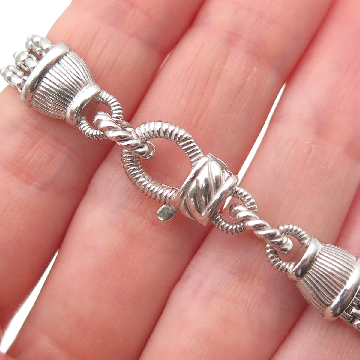 JUDITH RIPKA Sterling Silver C Z Station Round Box 3-Strand Chain Necklace 18"