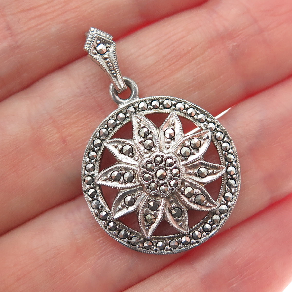 925 Sterling Silver Antique Art Deco Real Marcasite Flower Charm Pendant