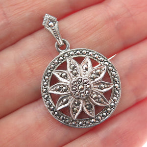 925 Sterling Silver Antique Art Deco Real Marcasite Flower Charm Pendant