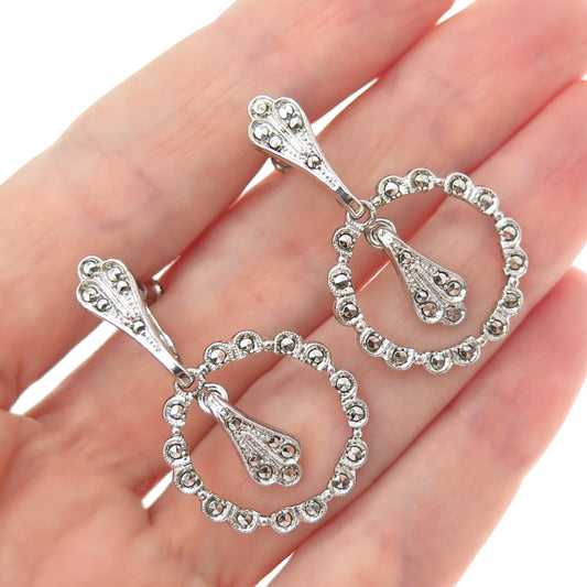 925 Sterling Silver Vintage Real Marcasite Seashell Circle Screw Back Earrings