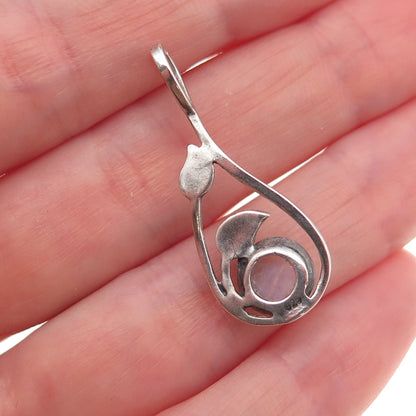 925 Sterling Silver Vintage Real Moonstone Floral Oxidized Charm Pendant
