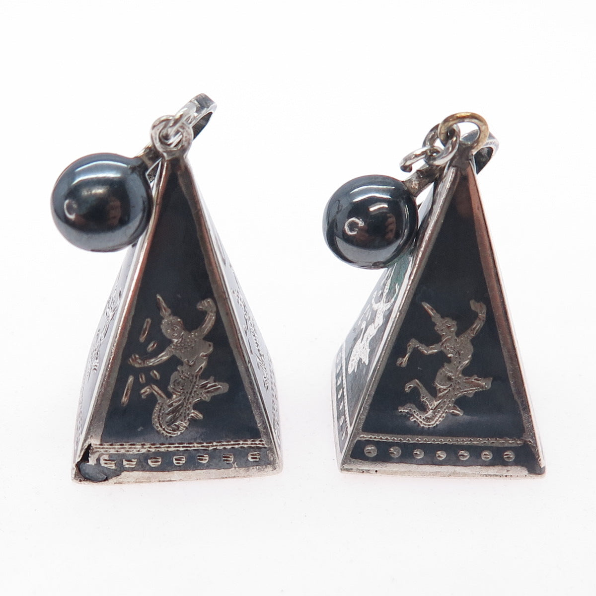 925 Sterling Silver Antique Siam Niello Hindu Goddess Screw Back Dangle Earrings