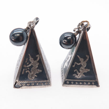 925 Sterling Silver Antique Siam Niello Hindu Goddess Screw Back Dangle Earrings