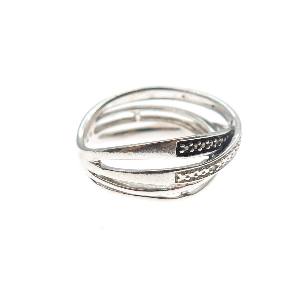 925 Sterling Silver Real Black & White Diamond Crisscross Ring Size 7