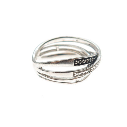 925 Sterling Silver Real Black & White Diamond Crisscross Ring Size 7