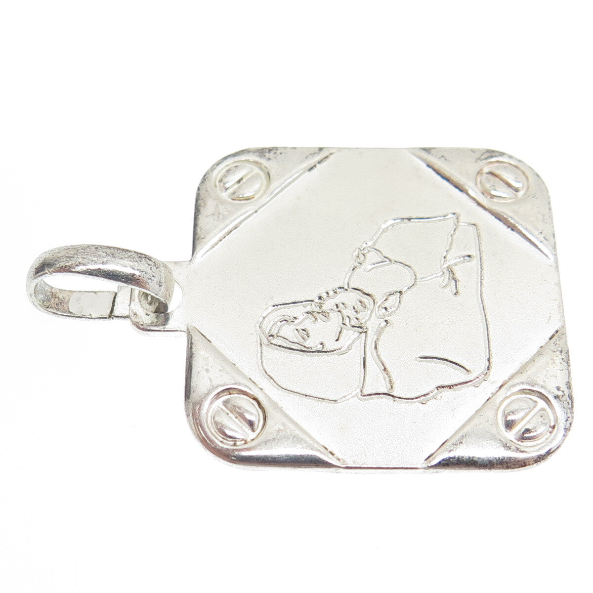 925 Sterling Silver Vintage Italy Engraved Mom & Child Tag Pendant