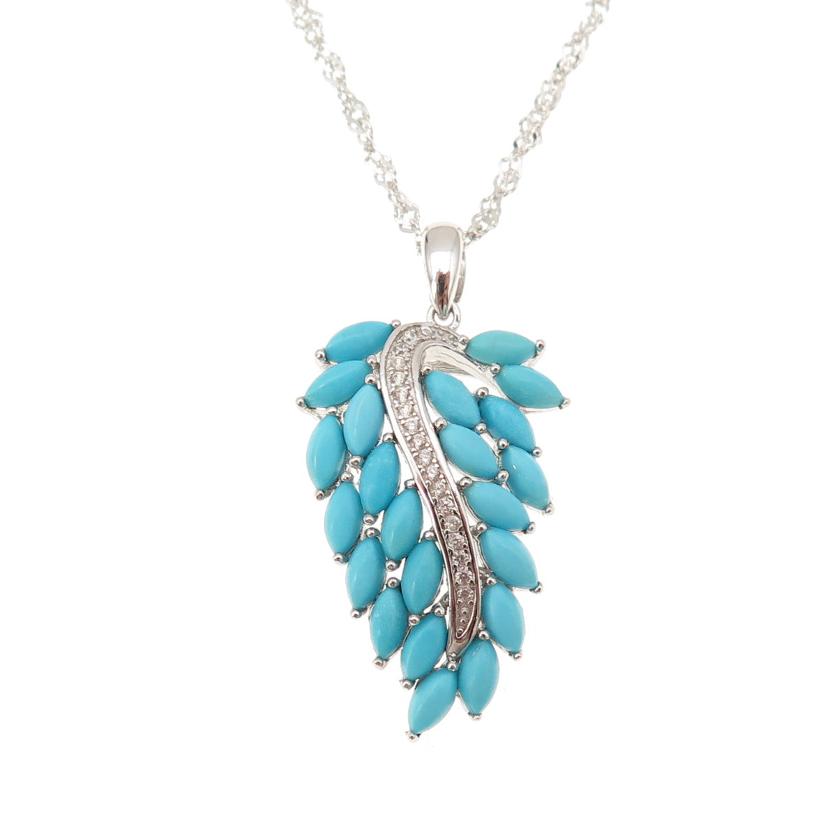 925 Sterling Silver Real Turquoise & White Topaz Floral Chain Necklace 18-20"