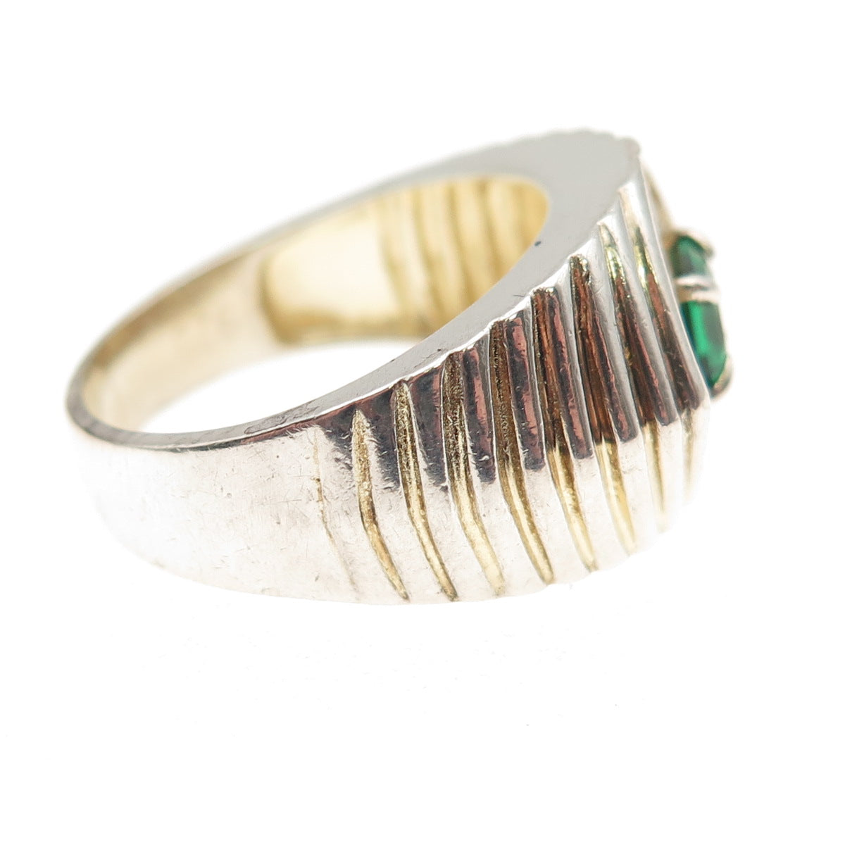 925 Sterling Silver Real Chrome Diopside & C Z Ribbed Ring Size 9.25