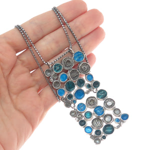 925 Sterling Silver Vintage Enamel Modernist Round Box Chain Necklace 22"