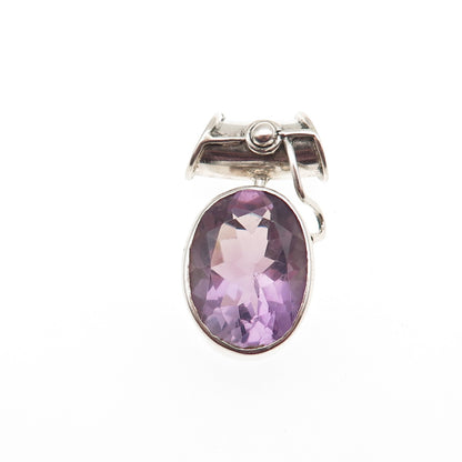 VERSANI 925 Sterling Silver Vintage Real Oval-Cut Amethyst Slide Charm Pendant