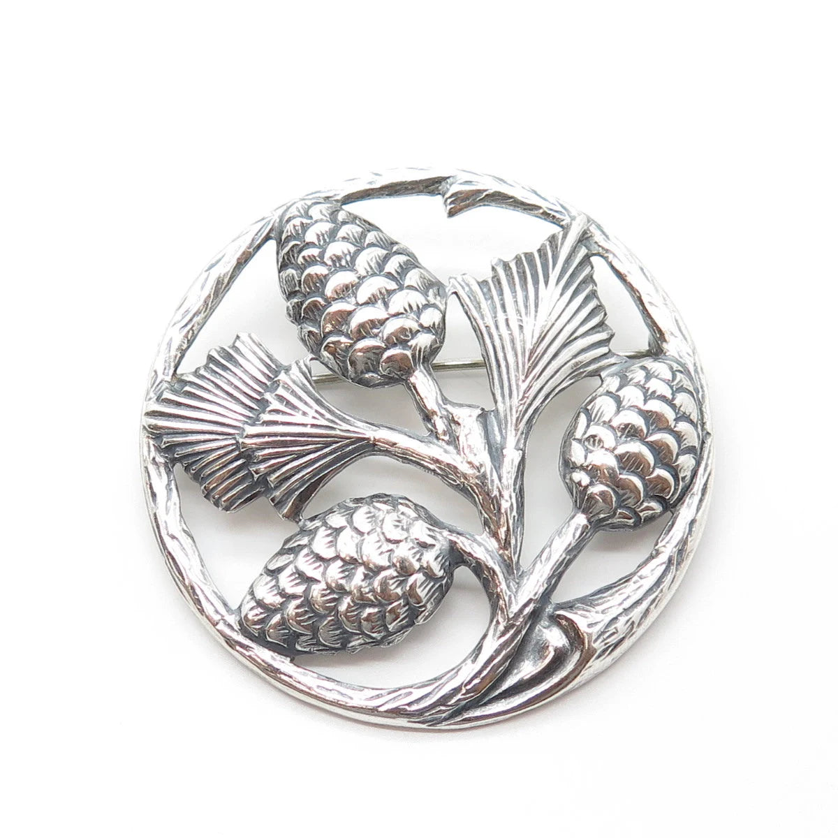 925 Sterling Silver Vintage Thistle Floral For Good Luck Pin Brooch