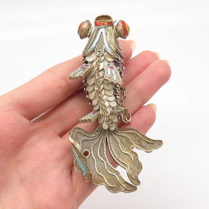 925 Sterling Silver Antique Enamel Chinese Koi Fish Chatelaine Pendant / Fob