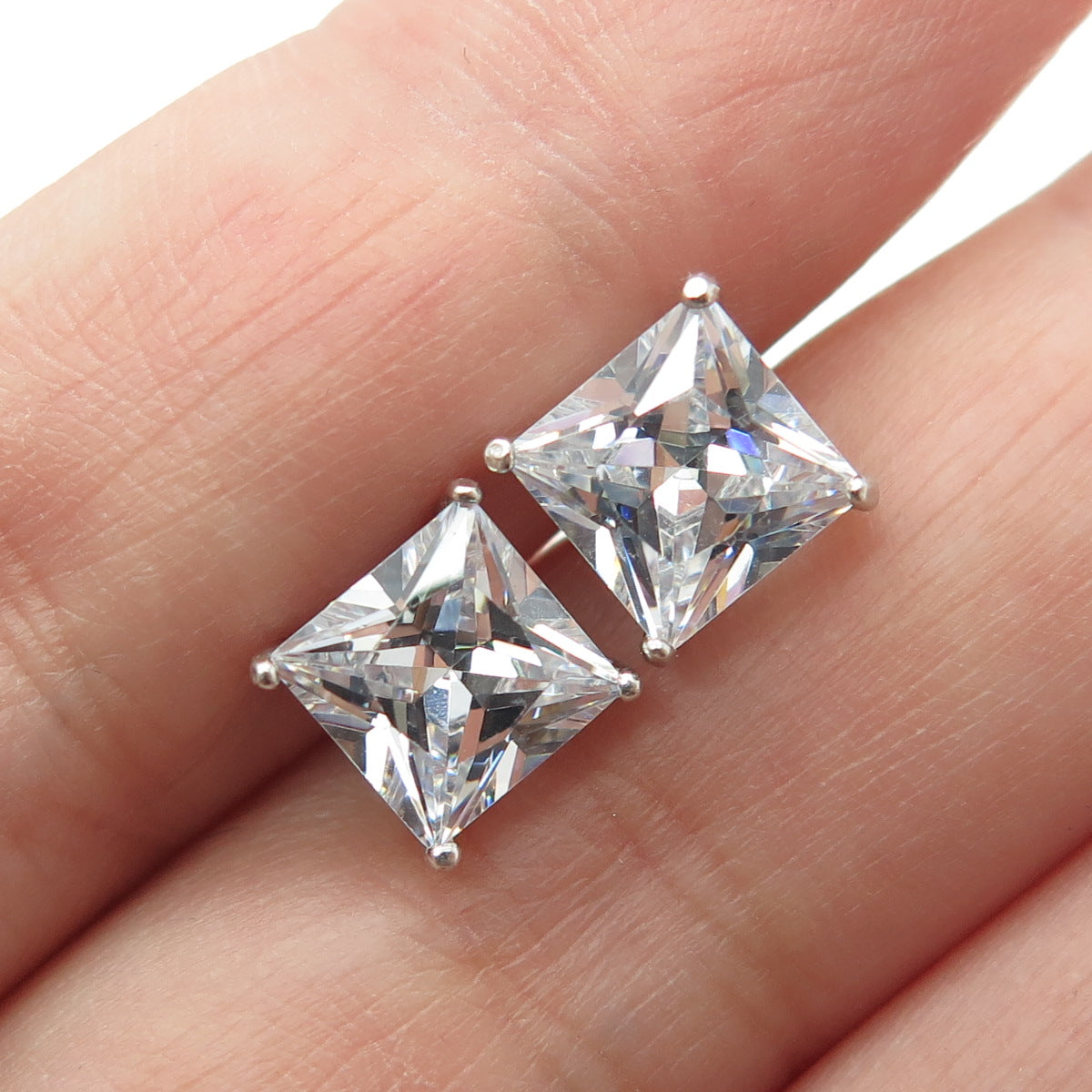 925 Sterling Silver Princess-Cut C Z Stud Earrings