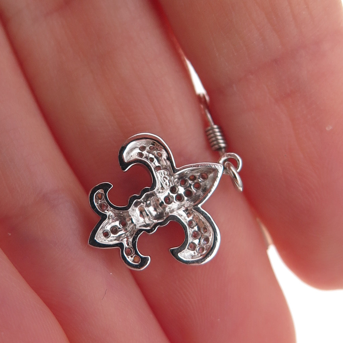 925 Sterling Silver Round-Cut C Z Fleur de Lis Dangle Earrings